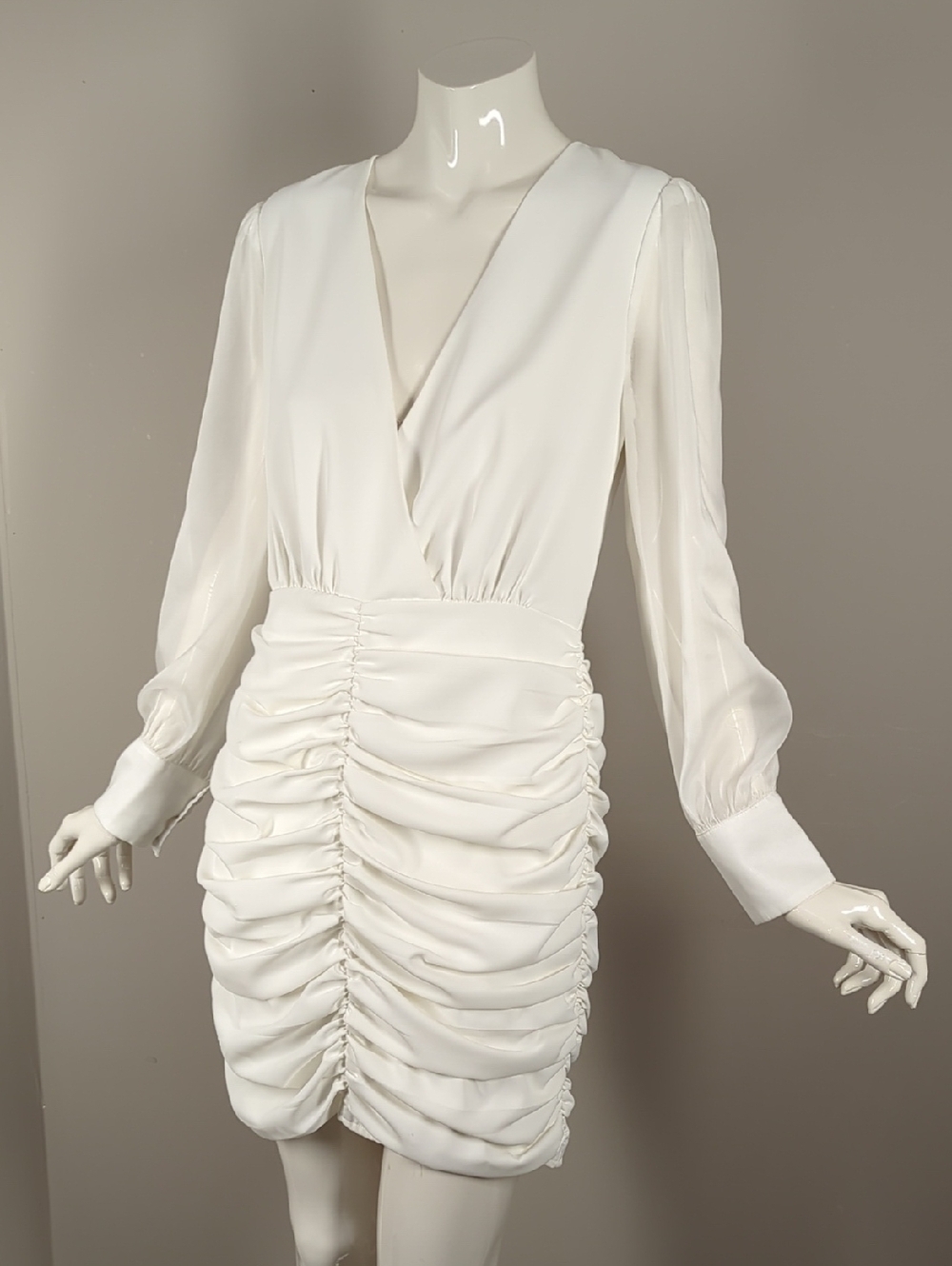 Adelyn Rae Elegant White Ruched Long-Sleeve V-Neck Dress